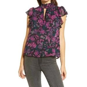 1. State Flutter Sleeve Keyhole Pink Black Floral Print Blouse Top Size M